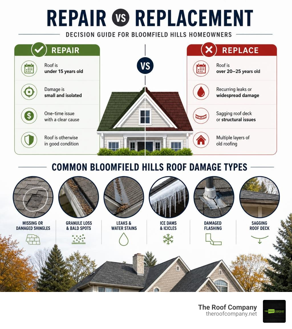 Infographic showing repair vs replacement decision guide and common Bloomfield Hills roof damage types infographic Infographic showing repair vs replacement decision guide and common Bloomfield Hills roof damage types infographic