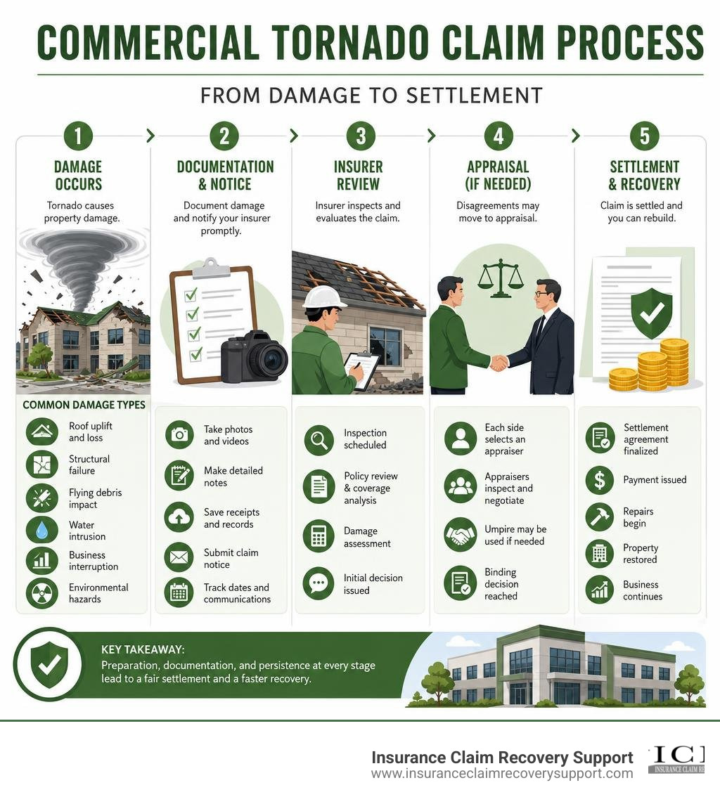 Infographic showing commercial tornado claim process: damage types, documentation steps, insurer review, appraisal, and Infographic showing commercial tornado claim process: damage types, documentation steps, insurer review, appraisal, and
