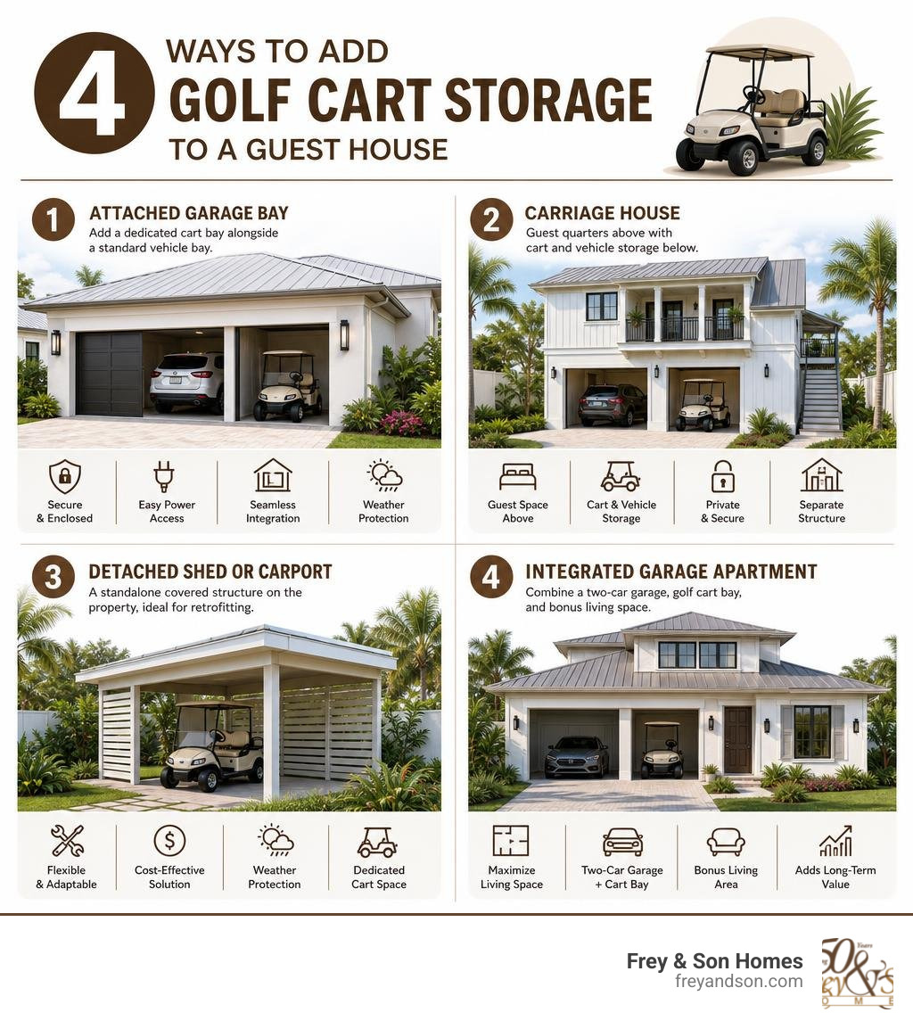 Infographic: 4 ways to add golf cart storage to a guest house with key features of each option infographic Infographic: 4 ways to add golf cart storage to a guest house with key features of each option infographic