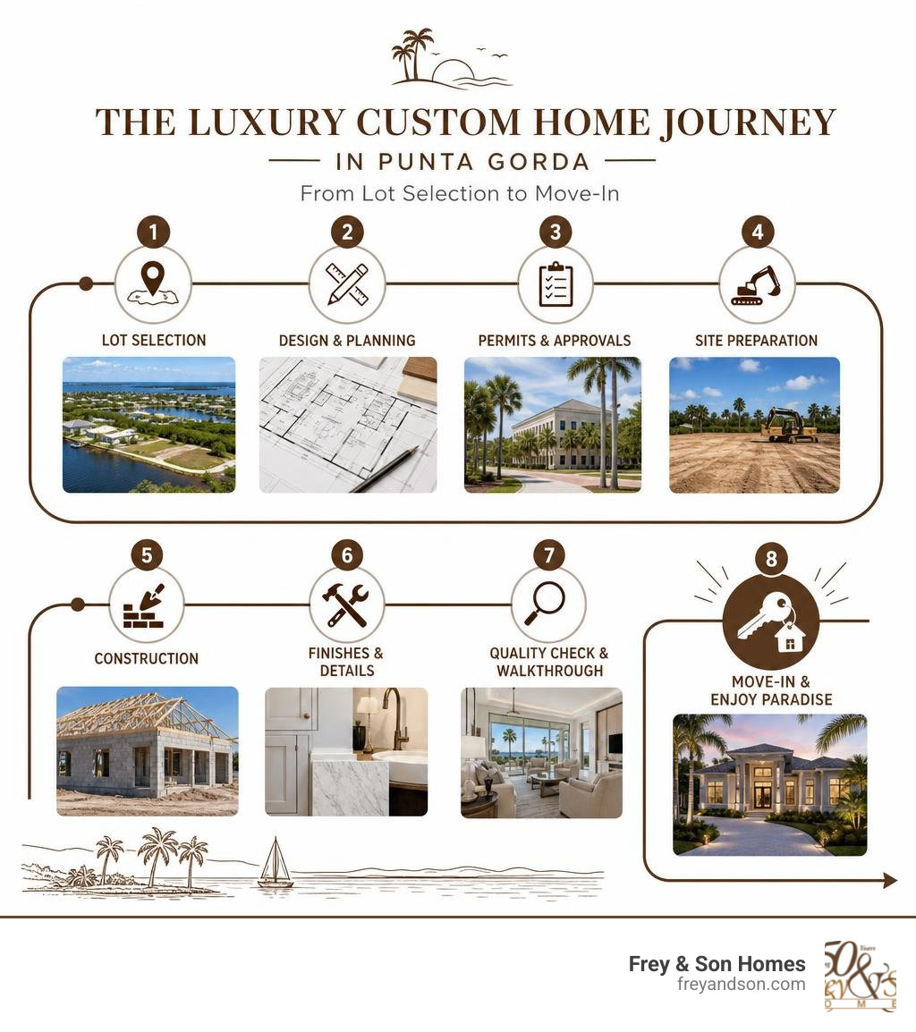 Infographic showing the luxury custom home building journey in Punta Gorda from lot selection to move-in infographic Infographic showing the luxury custom home building journey in Punta Gorda from lot selection to move-in infographic