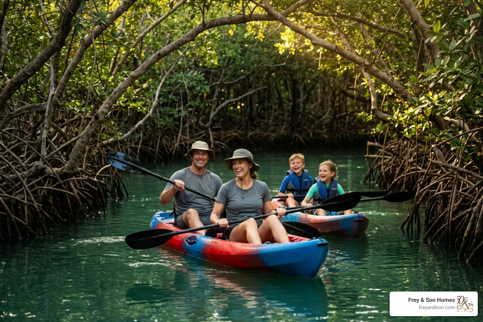 A family happily kayaking through a lush mangrove tunnel canopy near Marco Island A family happily kayaking through a lush mangrove tunnel canopy near Marco Island