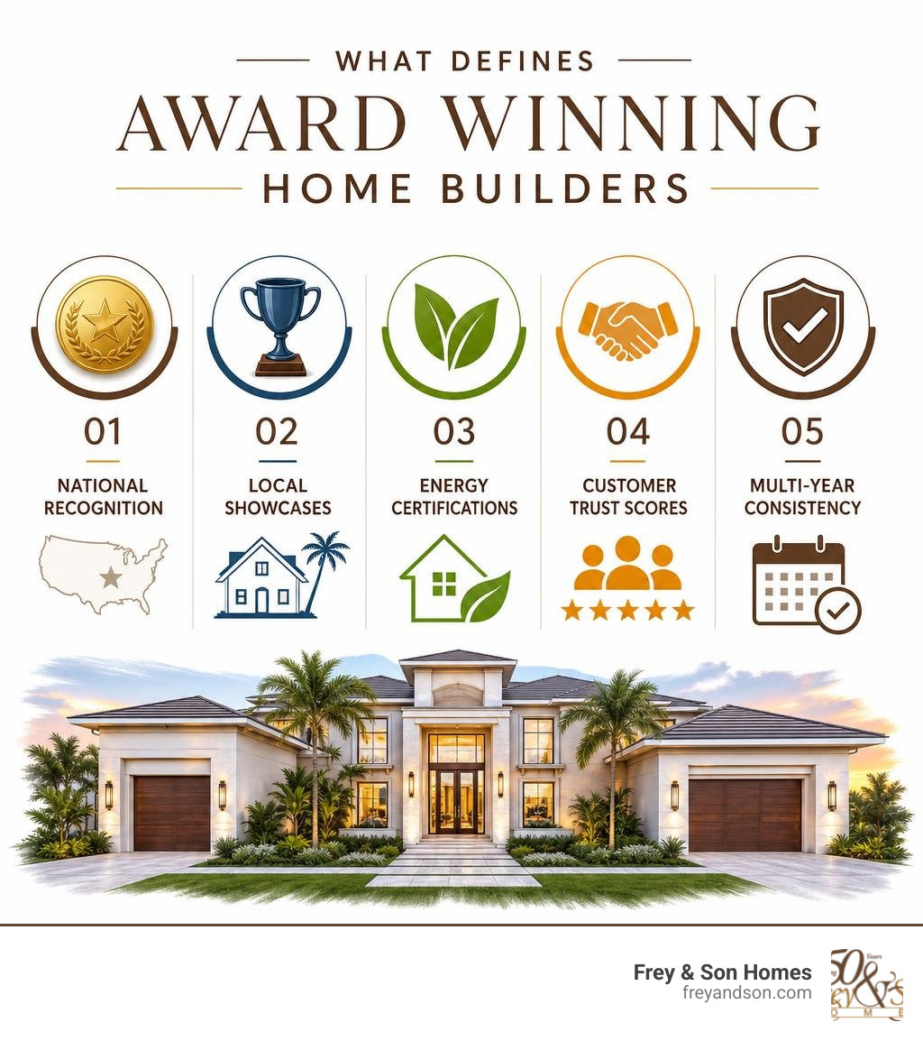 Infographic showing key criteria that define award winning home builders: national recognition, local showcases, energy