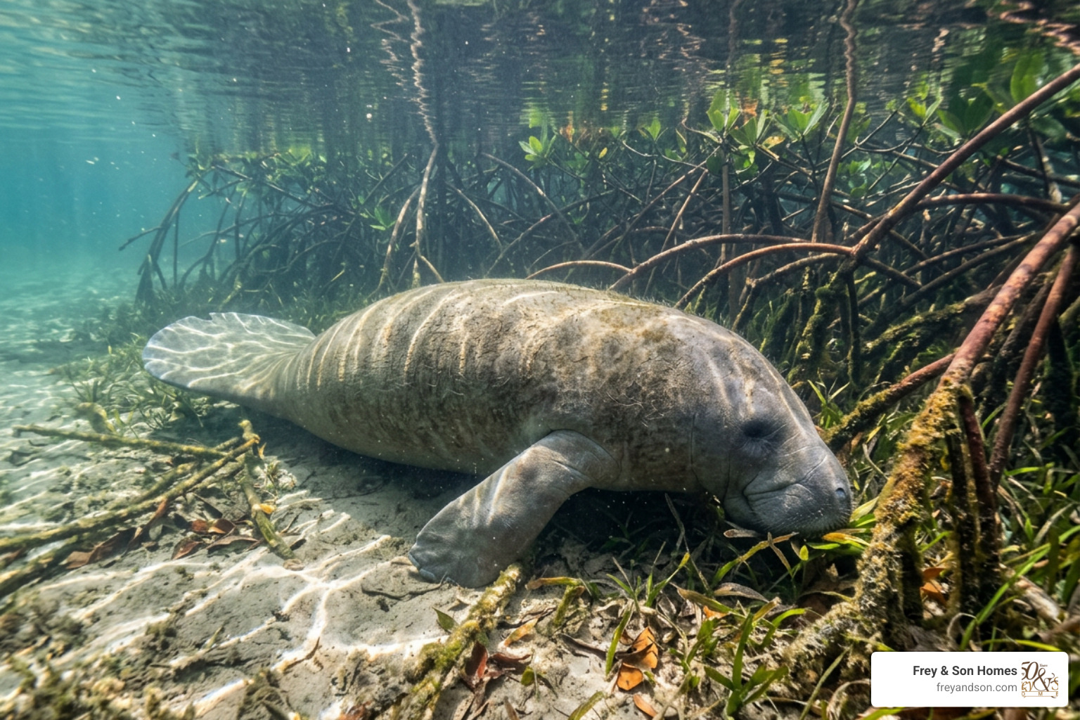 A West Indian manatee resting in the shallow, clear mangrove waters of Southwest Florida A West Indian manatee resting in the shallow, clear mangrove waters of Southwest Florida