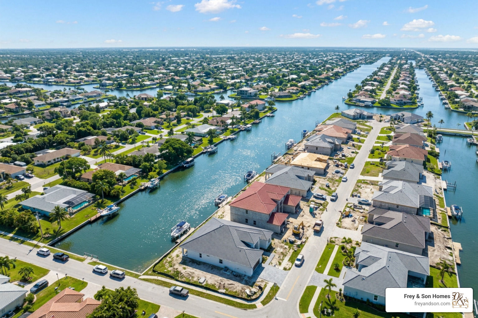 aerial view of Cape Coral canals and new construction homes aerial view of Cape Coral canals and new construction homes