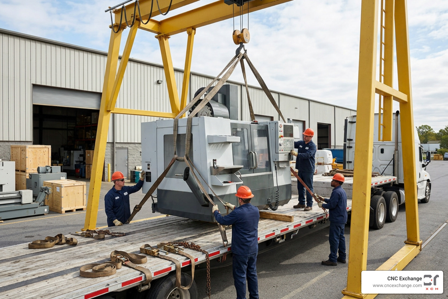 rigging crew lifting and securing a heavy CNC machining center for transport rigging crew lifting and securing a heavy CNC machining center for transport