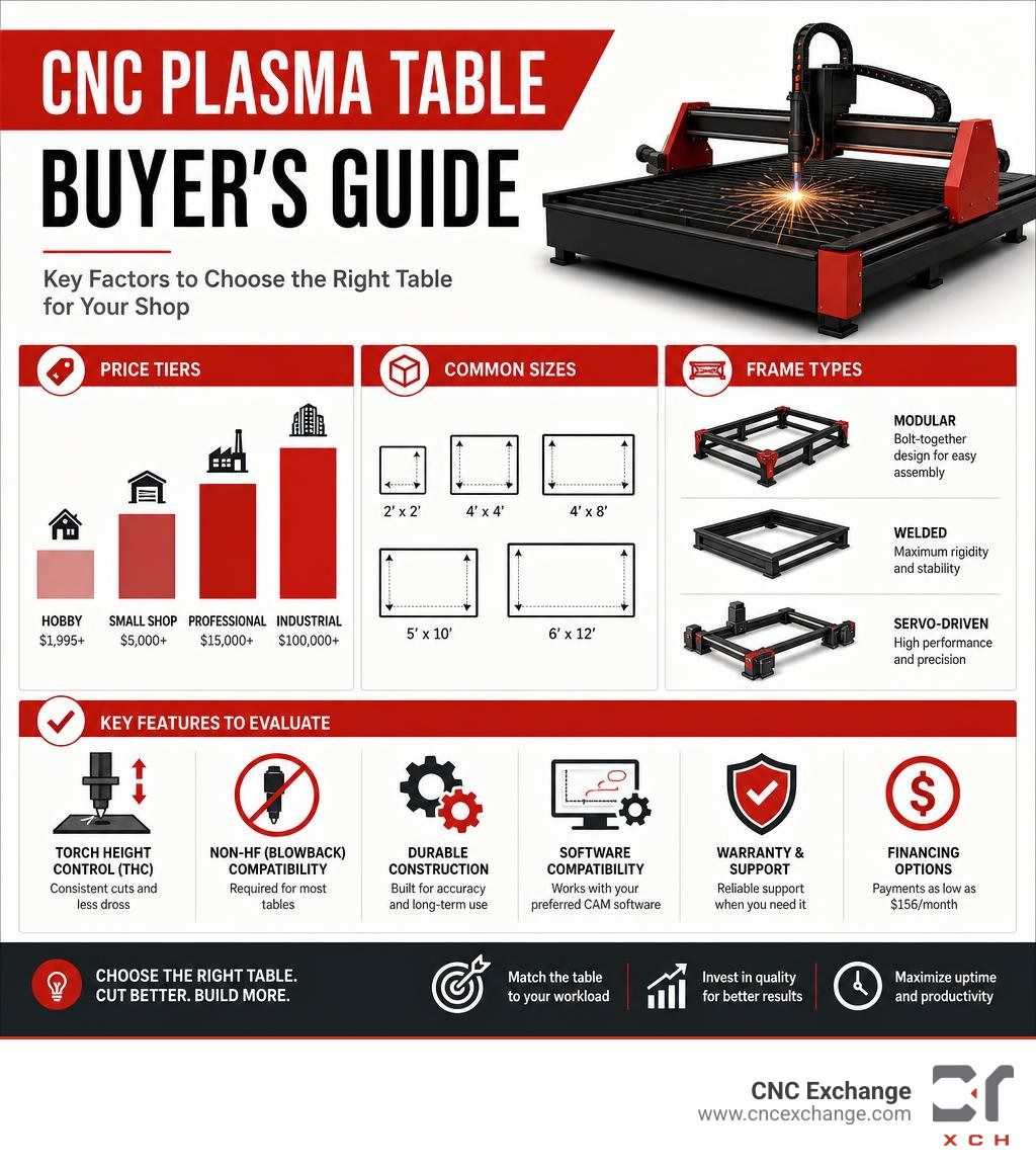 CNC plasma table buyer's guide infographic showing price tiers, sizes, frame types, and key features to evaluate infographic CNC plasma table buyer's guide infographic showing price tiers, sizes, frame types, and key features to evaluate infographic