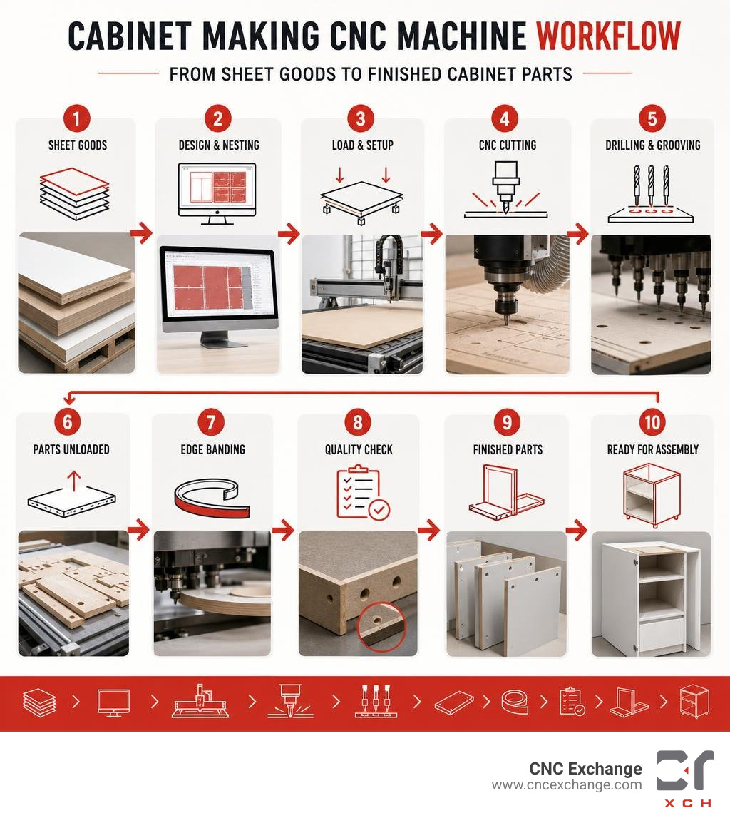Cabinet making CNC machine workflow from sheet goods to finished cabinet parts infographic