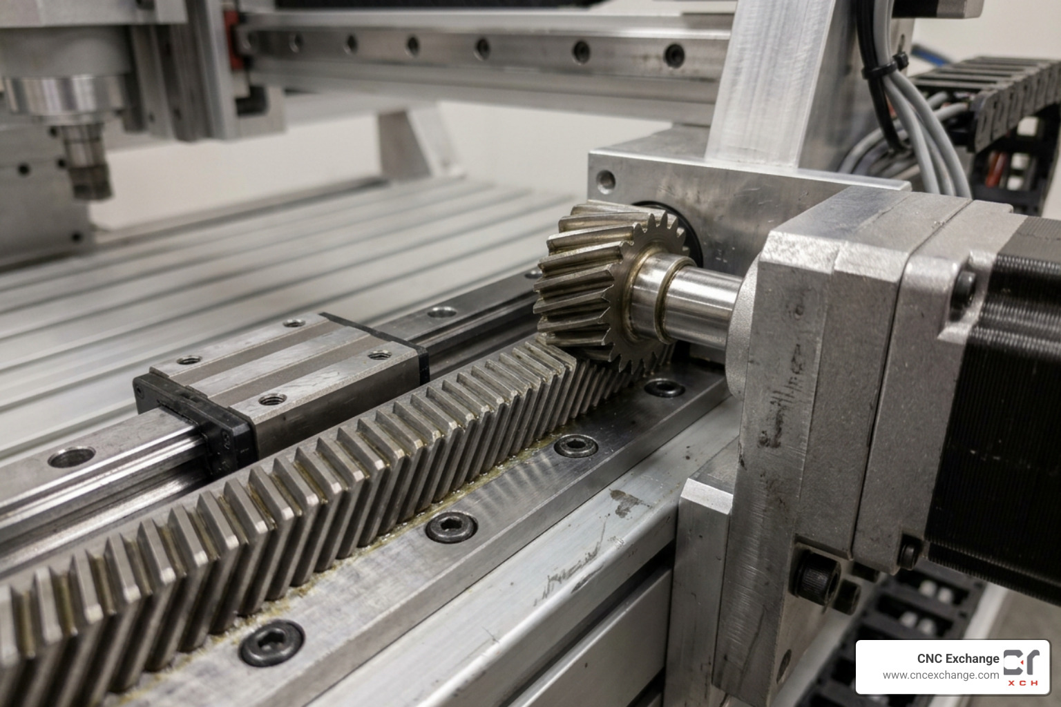 Helical rack and pinion drive system on a CNC router axis Helical rack and pinion drive system on a CNC router axis