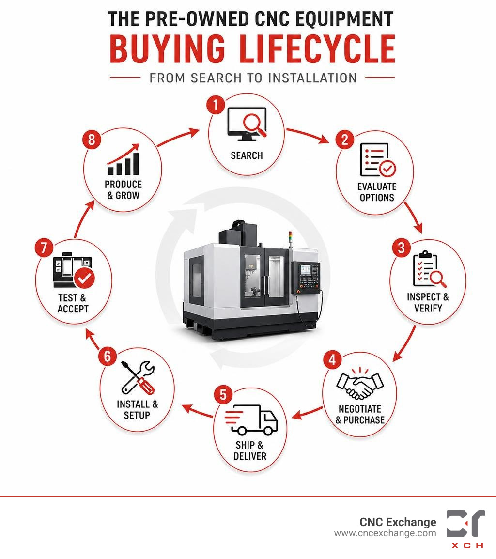 Infographic showing the pre-owned CNC equipment buying lifecycle from search to installation infographic Infographic showing the pre-owned CNC equipment buying lifecycle from search to installation infographic