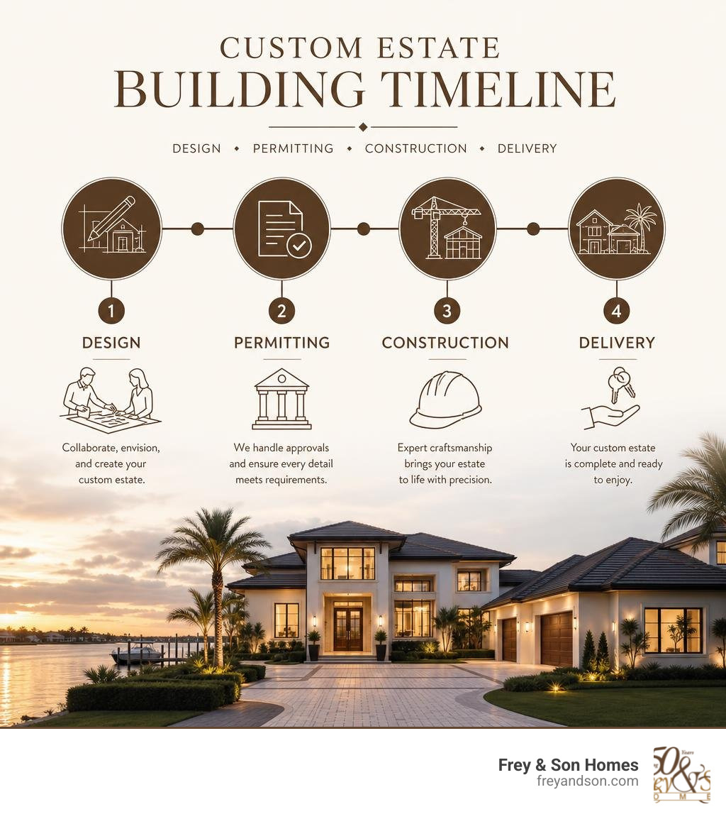 Custom estate building timeline infographic: design, permitting, construction, and delivery phases infographic Custom estate building timeline infographic: design, permitting, construction, and delivery phases infographic