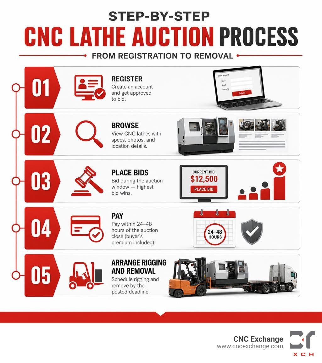 Step-by-step CNC lathe auction process from registration to removal infographic Step-by-step CNC lathe auction process from registration to removal infographic