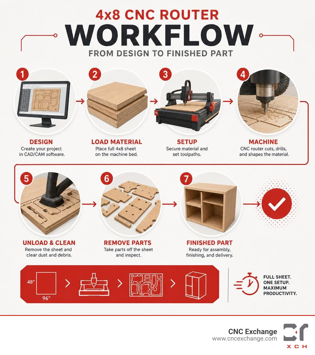 Workflow infographic showing how a 4x8 CNC router processes sheet goods from design to finished part infographic Workflow infographic showing how a 4x8 CNC router processes sheet goods from design to finished part infographic
