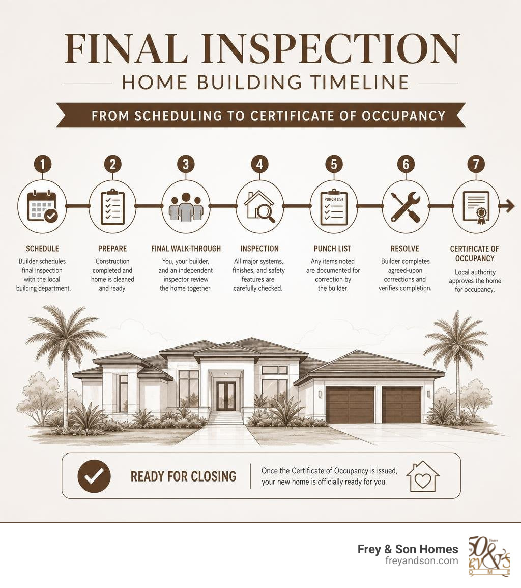 Final inspection home building timeline from scheduling to Certificate of Occupancy infographic