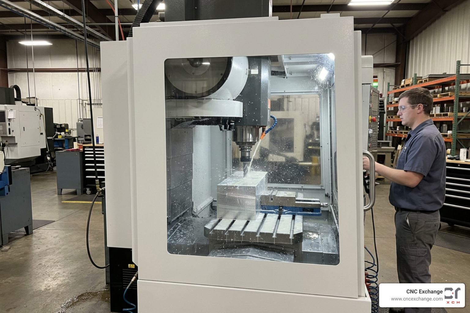 Haas vertical machining center milling aluminum block on a shop floor Haas vertical machining center milling aluminum block on a shop floor