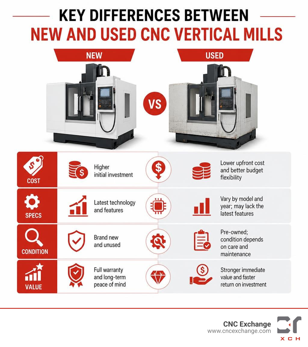 Key differences between new and used CNC vertical mills: cost, specs, condition, and value infographic Key differences between new and used CNC vertical mills: cost, specs, condition, and value infographic