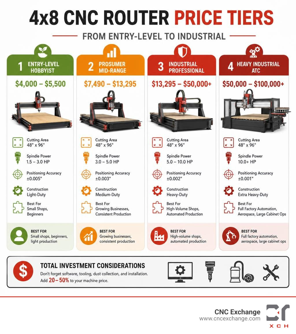 Price tiers of 4x8 CNC routers from entry-level to industrial with key specs at each level infographic Price tiers of 4x8 CNC routers from entry-level to industrial with key specs at each level infographic