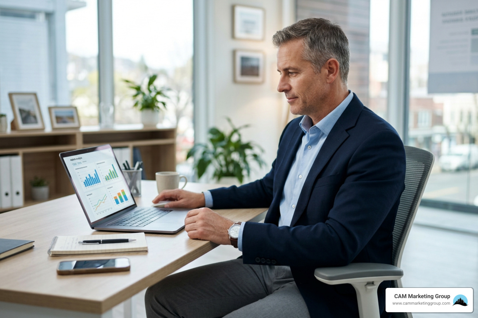 A successful Connecticut business owner reviewing website analytics and sales growth