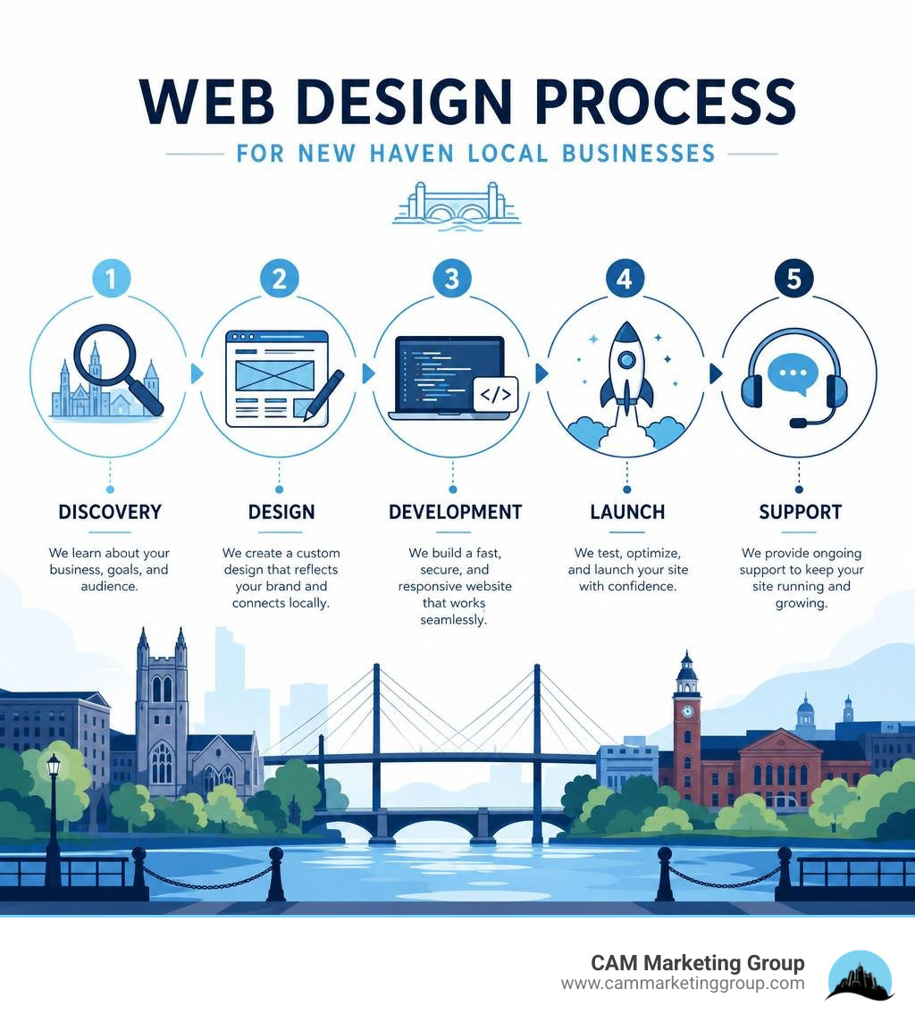 Web design process infographic for New Haven local businesses: Discovery, Design, Development, Launch, Support infographic