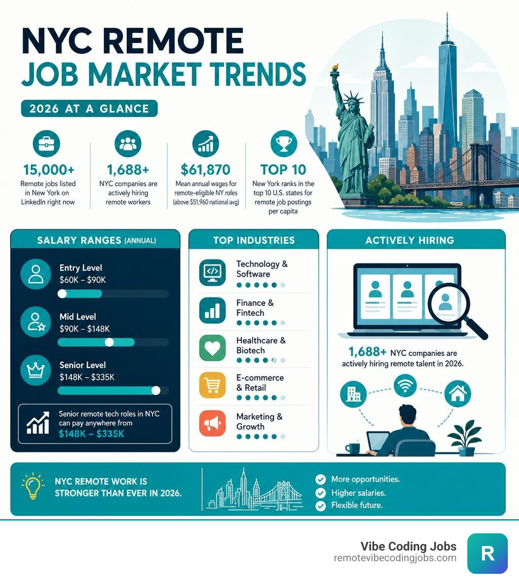 NYC remote job market trends infographic showing salary ranges, top industries, and active hiring companies in 2026 NYC remote job market trends infographic showing salary ranges, top industries, and active hiring companies in 2026