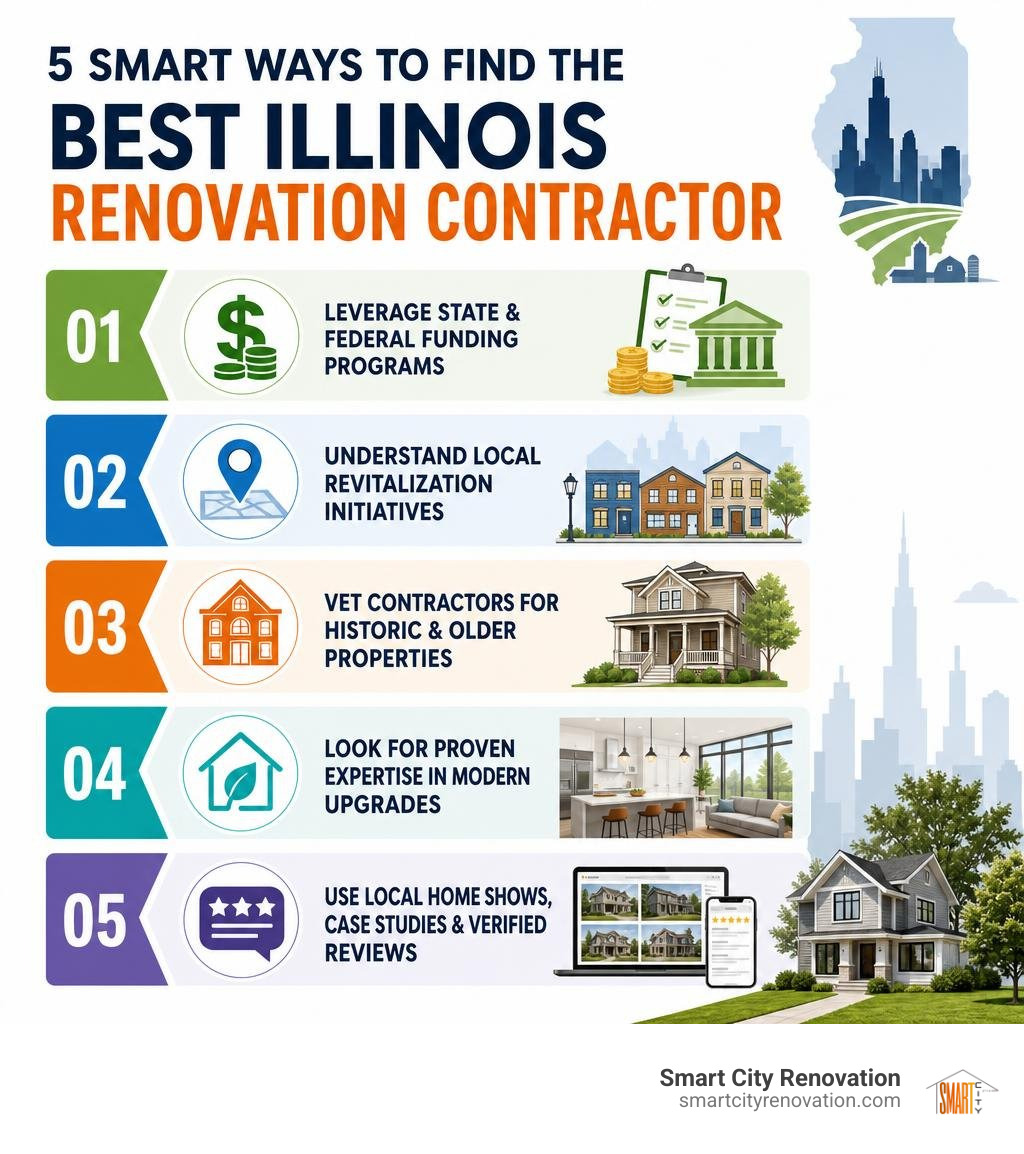 Infographic showing 5 steps to find the best Illinois renovation contractor infographic Infographic showing 5 steps to find the best Illinois renovation contractor infographic