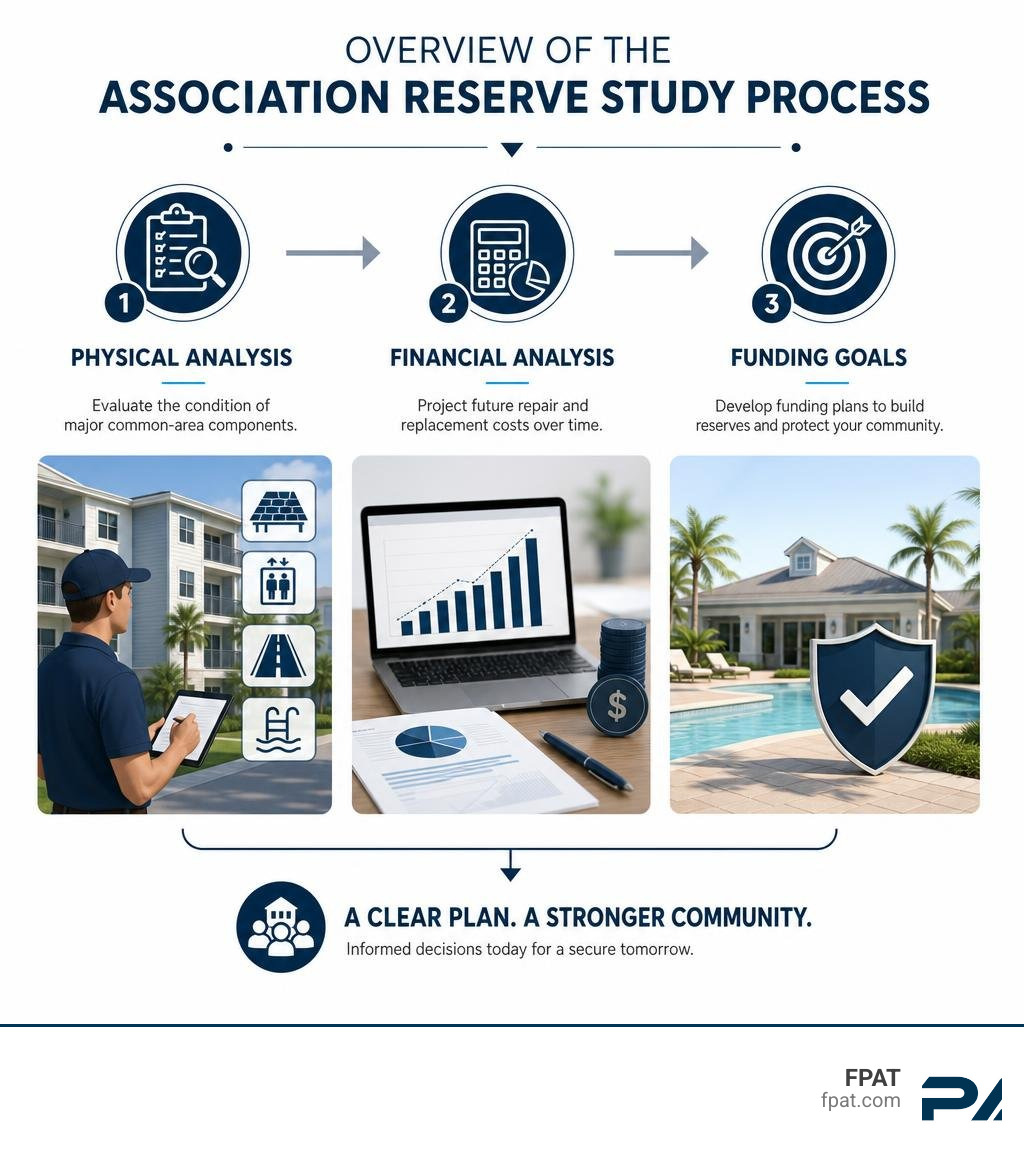 Overview of the association reserve study process: physical analysis, financial analysis, funding goals infographic Overview of the association reserve study process: physical analysis, financial analysis, funding goals infographic