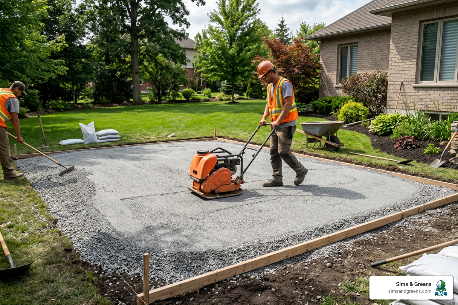The base preparation phase of a putting green installation showing compacted crushed stone and grading