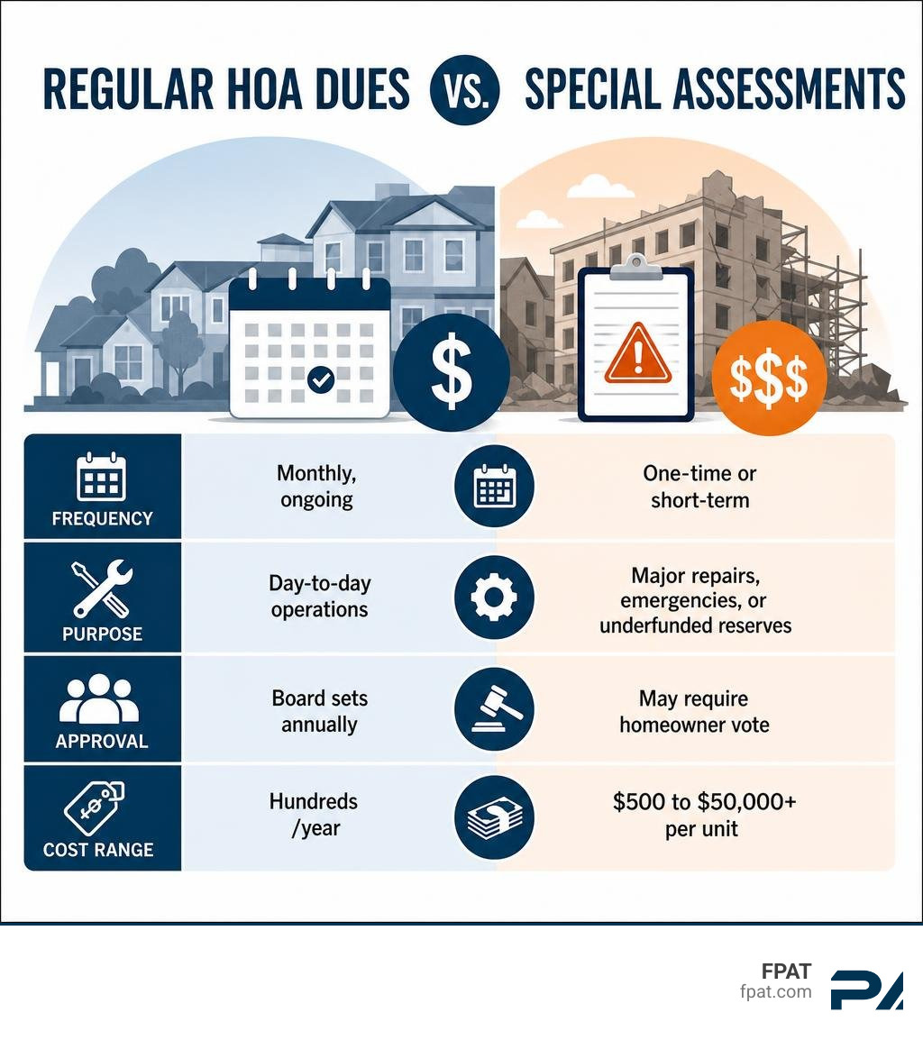 Infographic comparing regular HOA dues vs special assessments: frequency, purpose, approval, and cost range infographic Infographic comparing regular HOA dues vs special assessments: frequency, purpose, approval, and cost range infographic