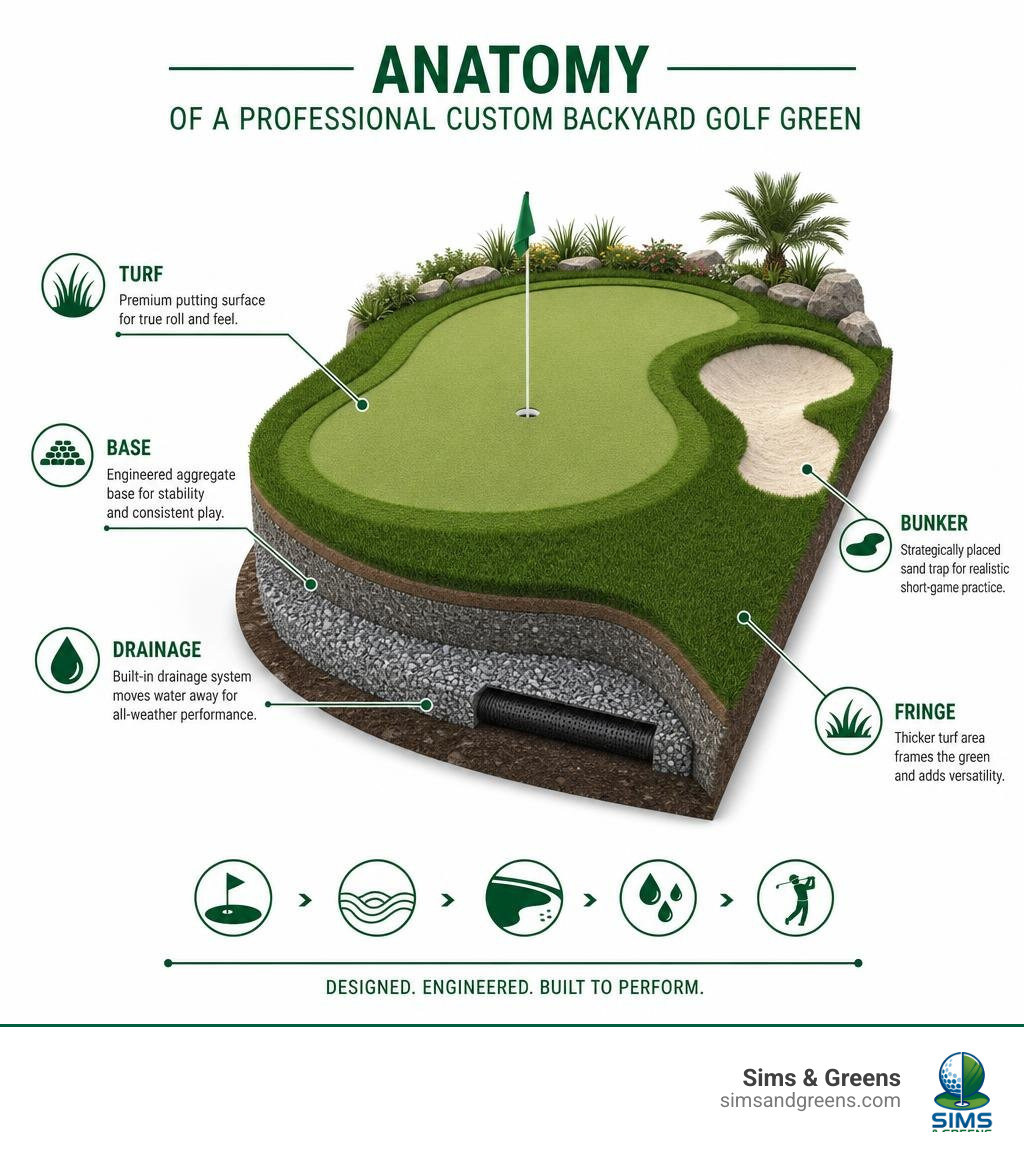 Anatomy of a professional custom backyard golf green with labels for turf, base, drainage, bunker, and fringe infographic