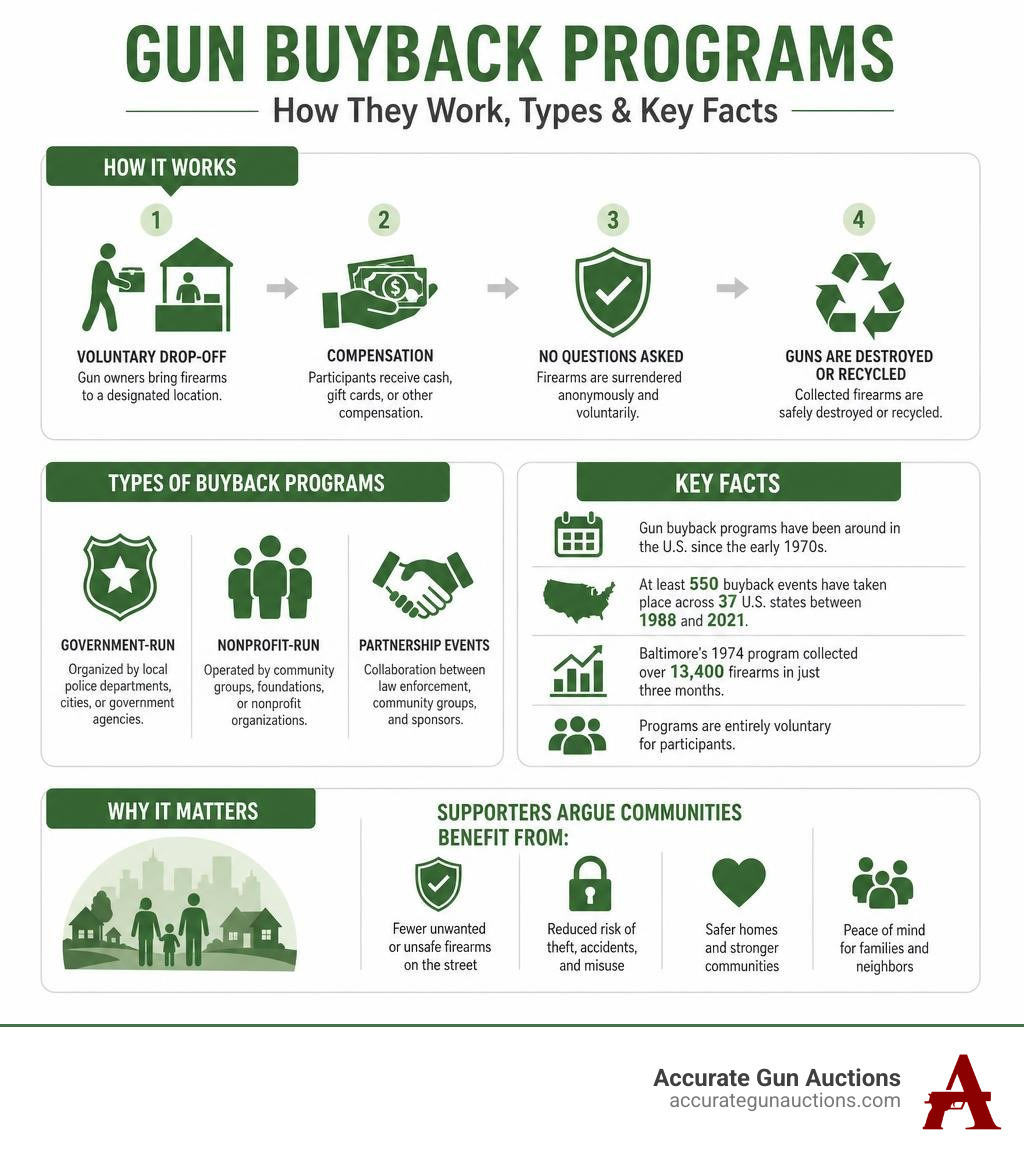 Infographic explaining how gun buyback programs work, types, and key facts infographic