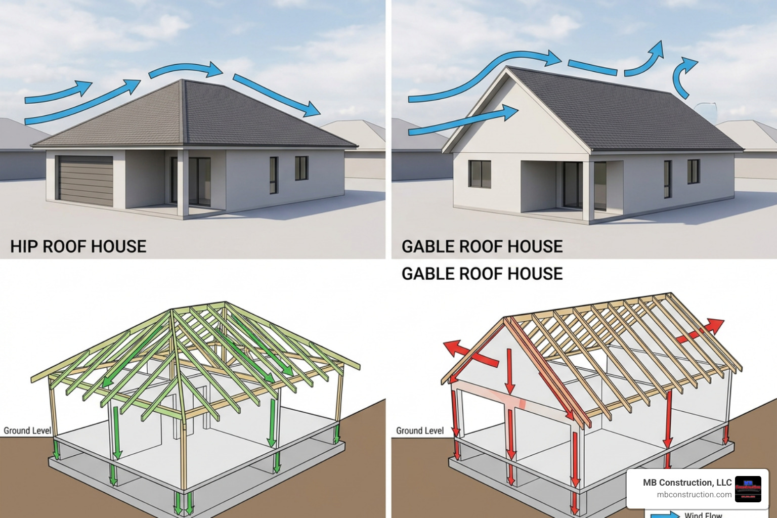 Comparison of hip roof and gable roof structures showing wind resistance and load paths