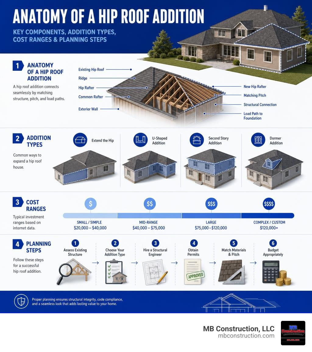 Anatomy of a hip roof addition: key components, addition types, cost ranges, and planning steps infographic