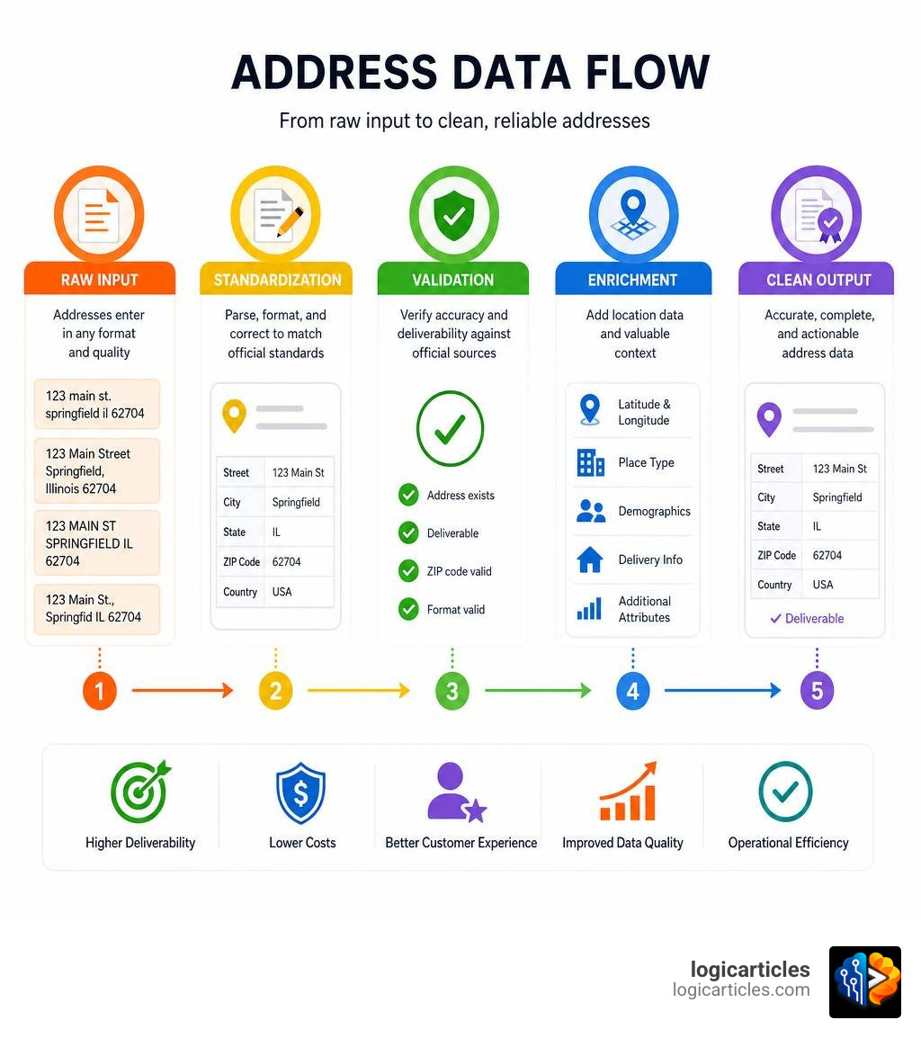 Address data flow from raw input through standardization, validation, and enrichment to clean output infographic