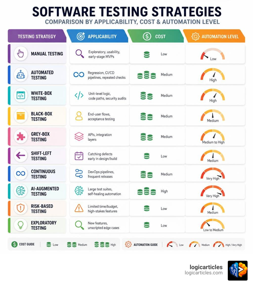Comparison infographic of software testing strategies by applicability, cost, and automation level infographic