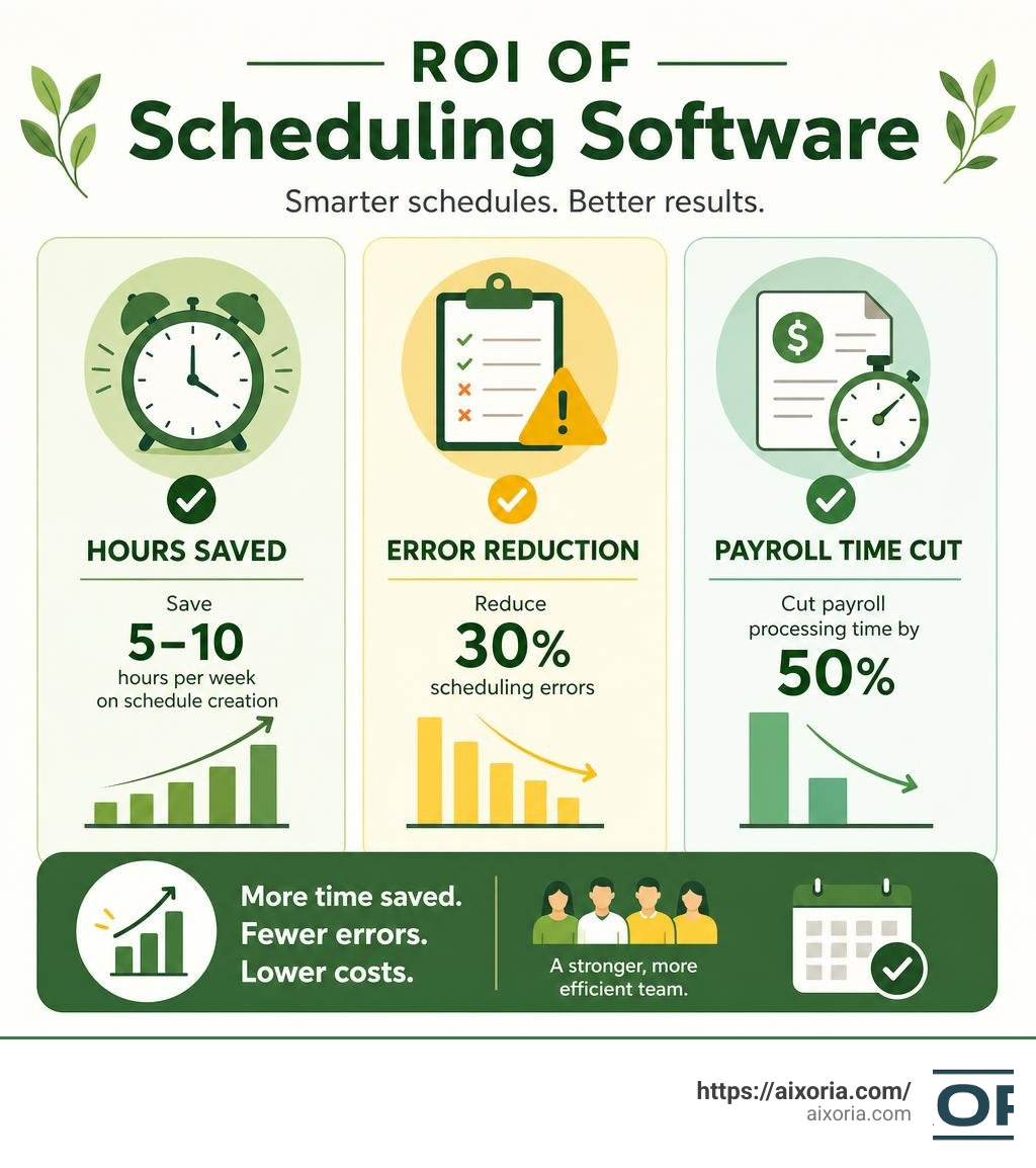 infographic showing ROI of scheduling software: hours saved, error reduction, payroll time cut infographic