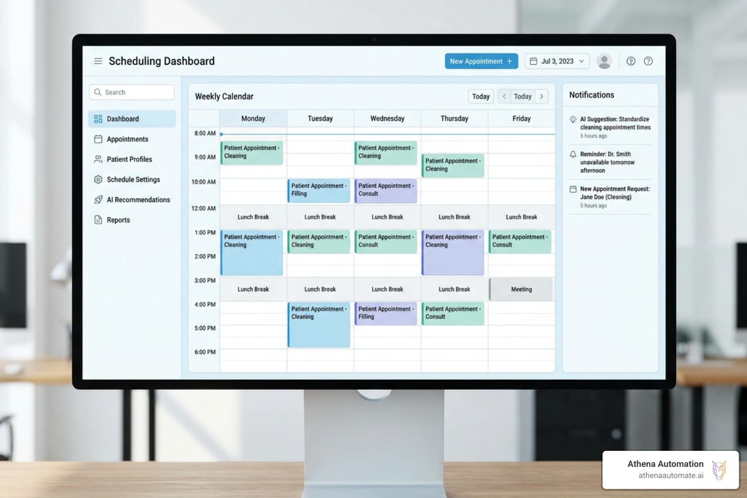 Dashboard interface of a dental AI scheduling assistant showing calendar integration