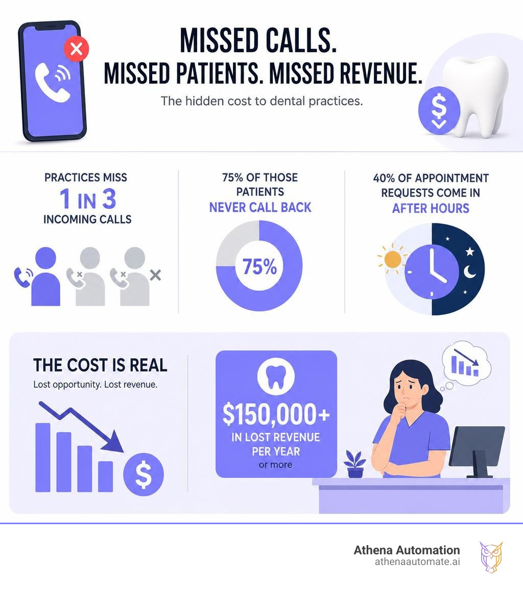 Infographic showing missed call statistics and revenue loss in dental practices