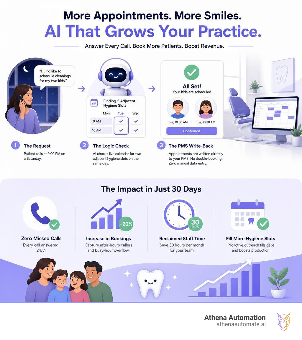 Infographic showing dental practice revenue recovery and appointment growth with AI