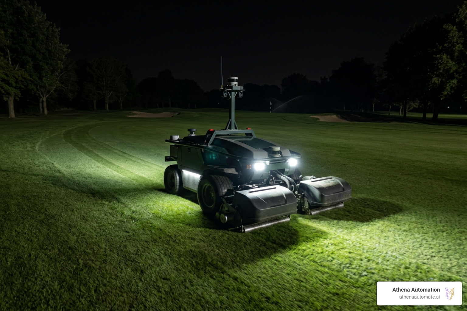 autonomous robotic fairway mower cutting turf at night