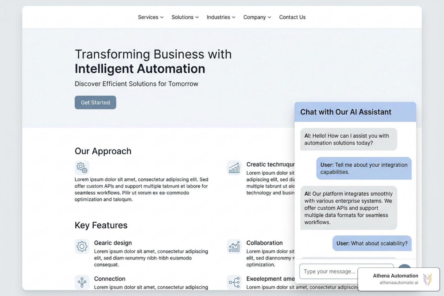 An AI chat interface on a modern website answering a visitor question