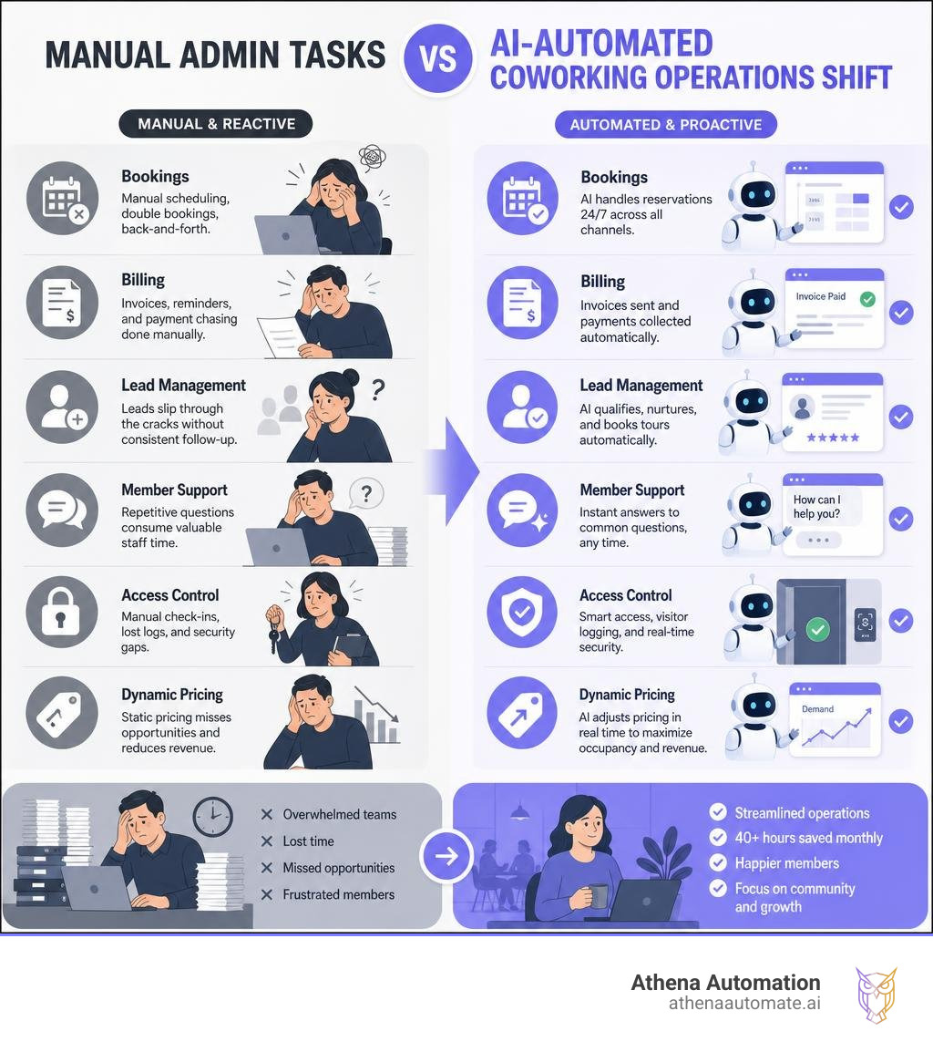 Infographic: Manual admin tasks vs AI-automated coworking operations shift infographic