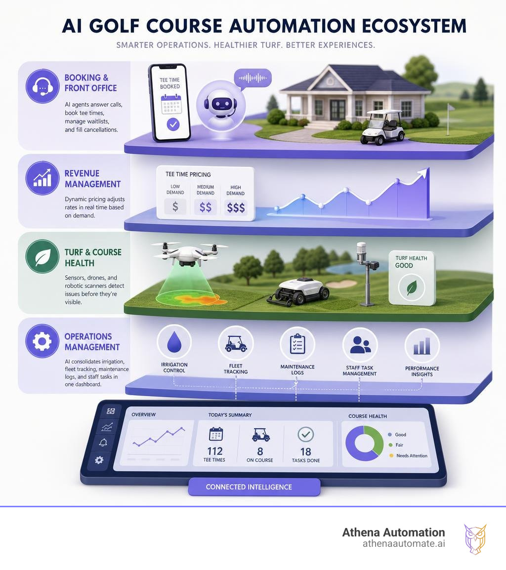AI golf course automation ecosystem showing booking, turf, revenue, and operations layers infographic