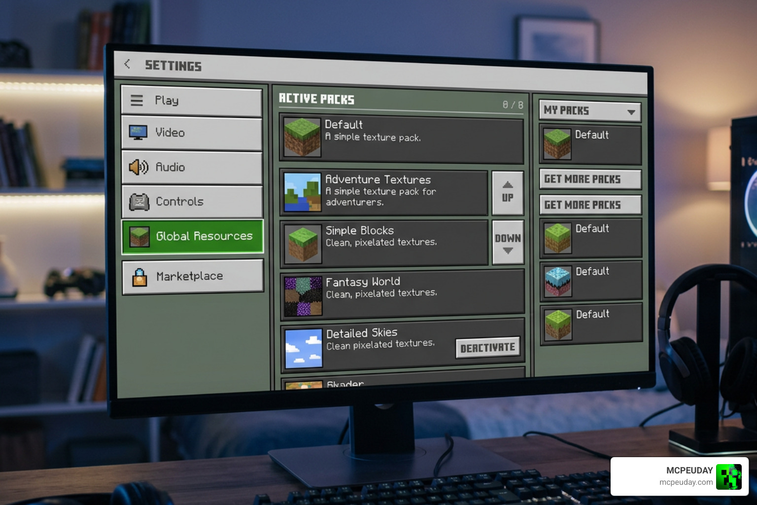 Minecraft Bedrock Resource Pack selection menu showing multiple active packs