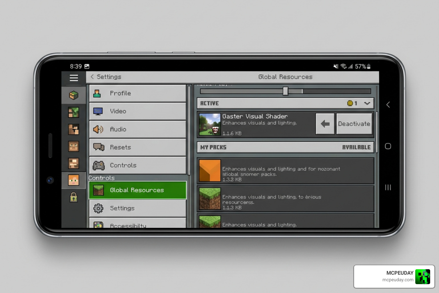 Minecraft Bedrock Resource Packs settings menu showing Gaster Visual Shader active