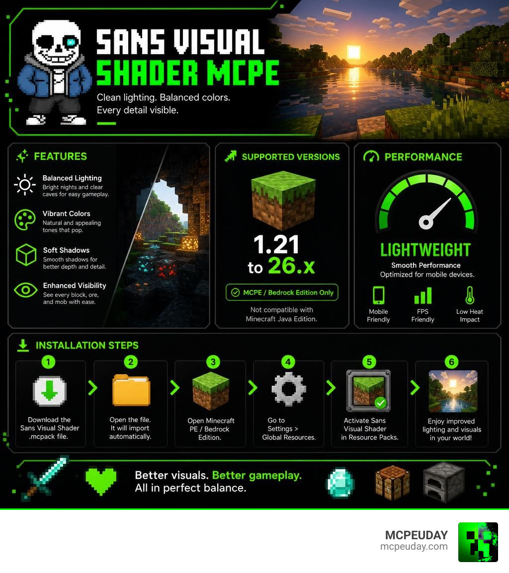 Sans Visual Shader MCPE infographic showing features versions performance and installation steps infographic