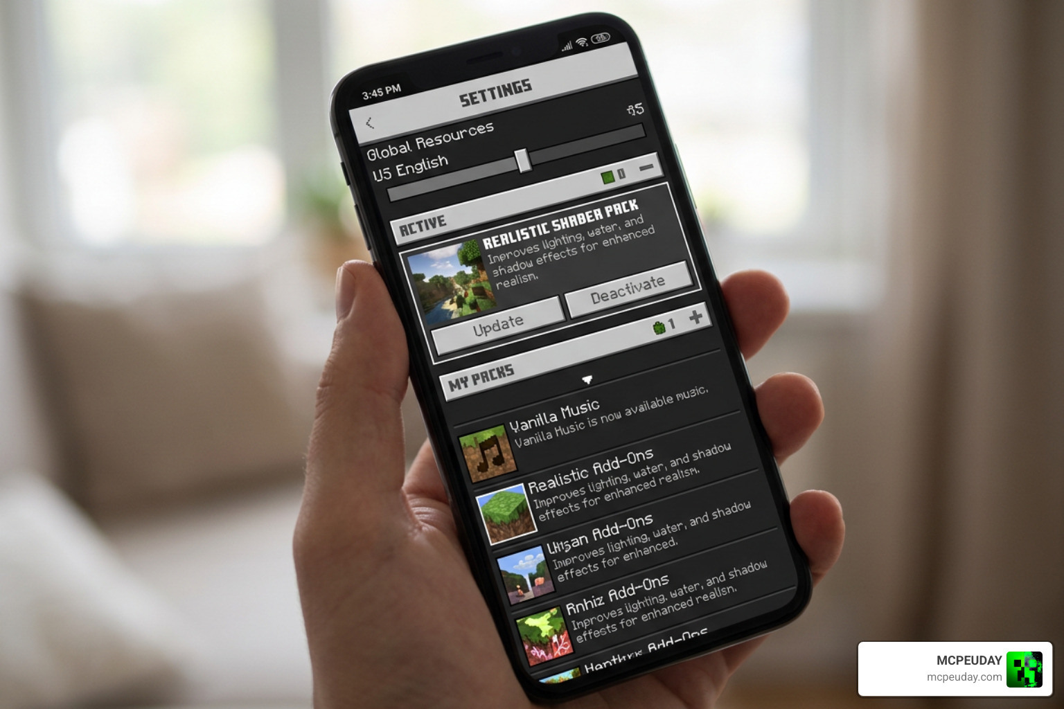 Minecraft PE global resources settings menu for installing shaders