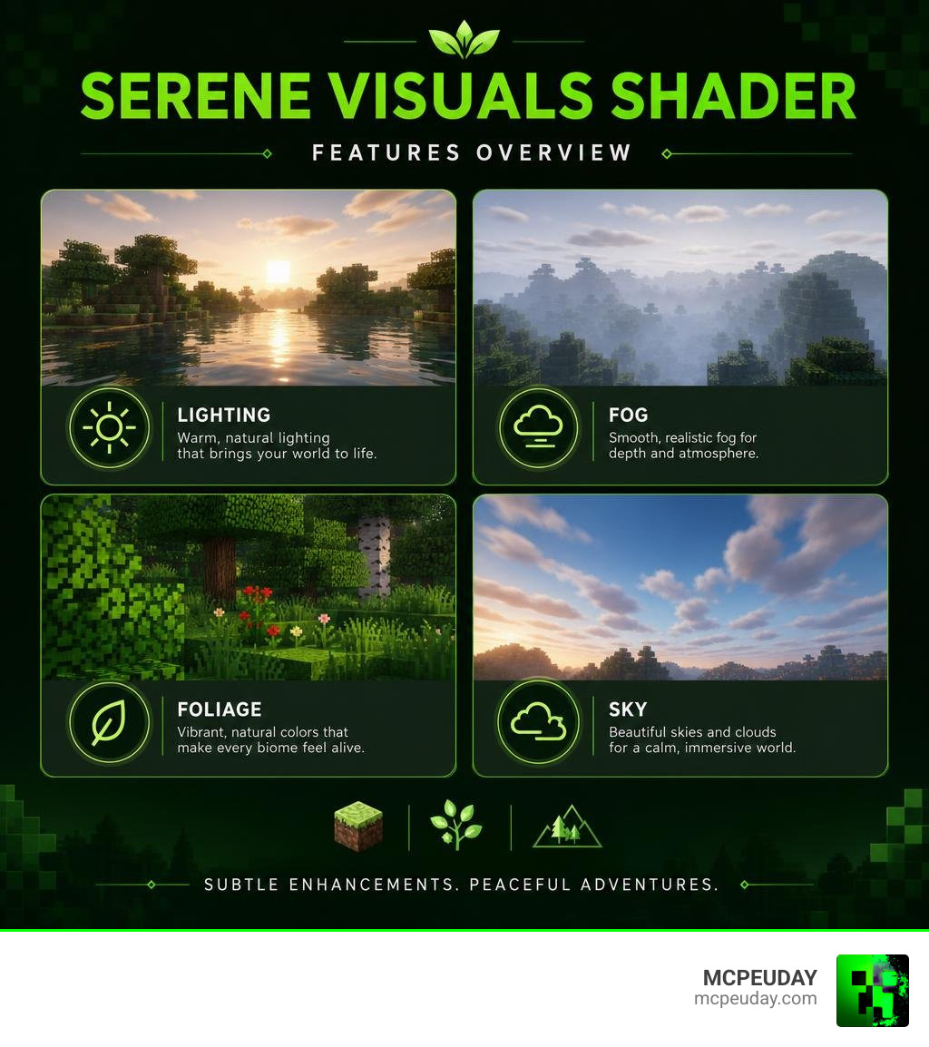 Serene Visuals Shader features overview infographic showing lighting, fog, foliage, and sky enhancements infographic