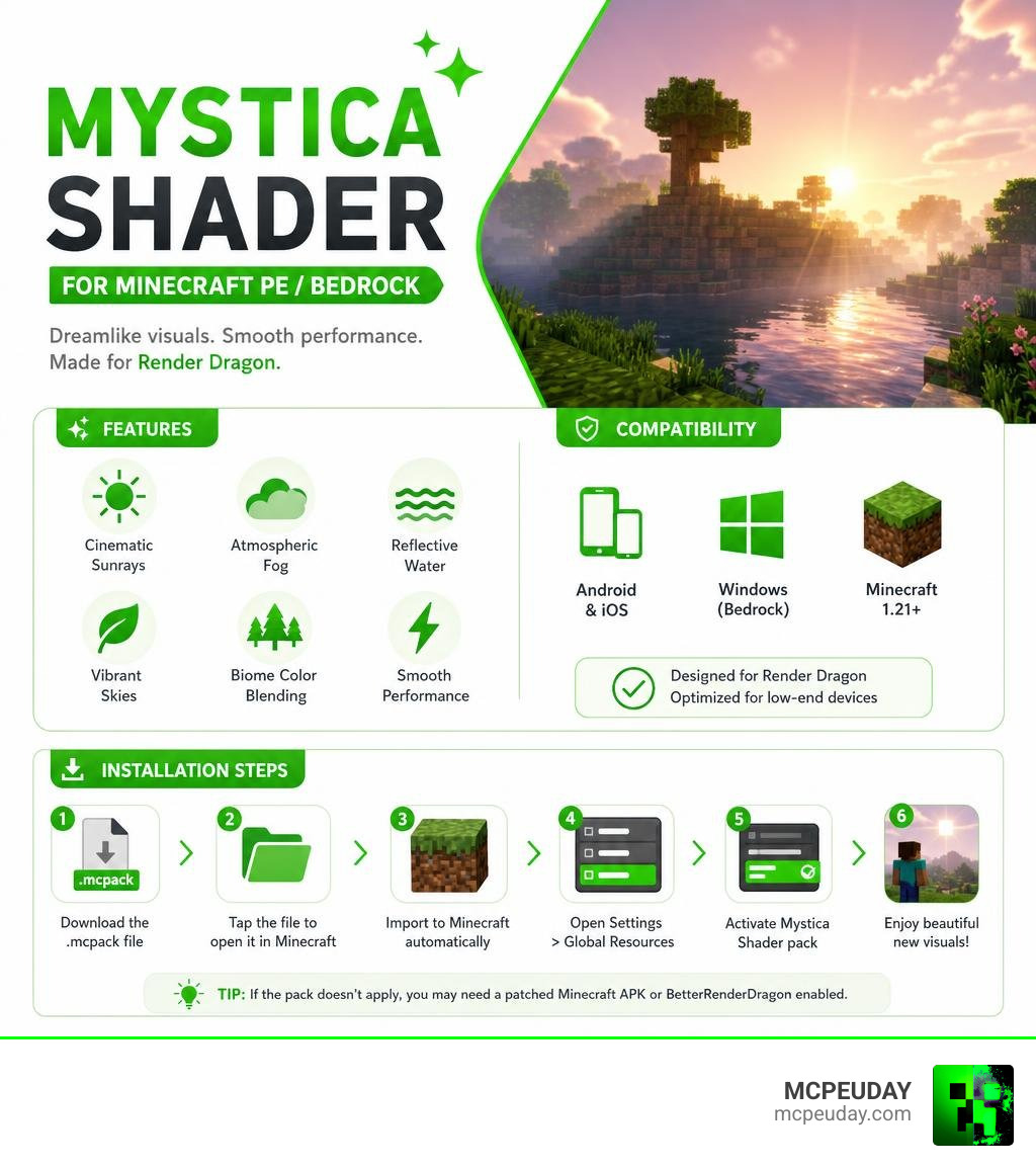 Infographic showing Mystica Shader features compatibility and installation steps for Minecraft PE Bedrock infographic