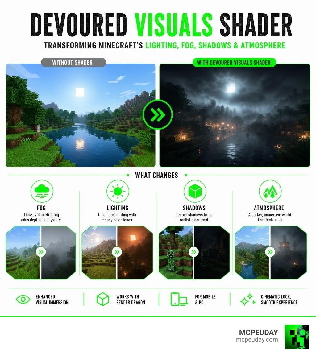 Infographic showing how Devoured Visuals Shader changes Minecraft lighting fog shadows and atmosphere infographic