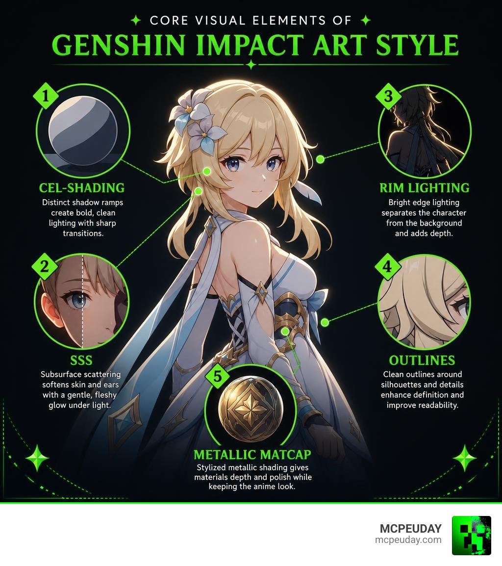 Core visual elements of the Genshin Impact art style: cel-shading, SSS, rim lighting, outlines, metallic matcap infographic