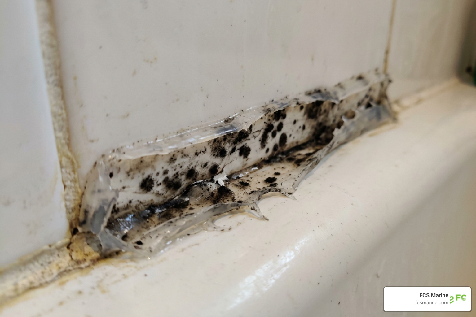 Damaged peeling silicone sealant with deep black mold spots Damaged peeling silicone sealant with deep black mold spots
